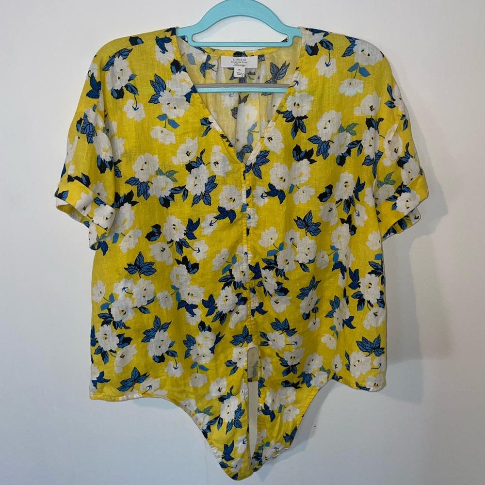 Charter Club Linen XL Yellow Blue Floral Short Sleeve Tie Front Shirt Beach